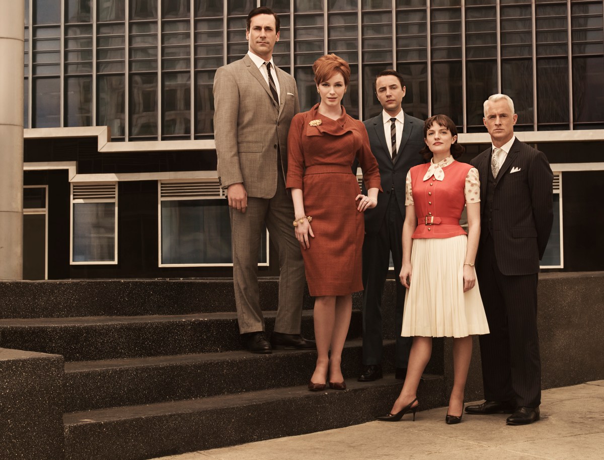 Don Draper (Jon Hamm), Joan Holloway (Christina Hendricks), Pete Campbell (Vincent Kartheiser), Peggy Olson (Elisabeth Moss) and Roger Sterling (John Slattery) - Mad Men - Season 3 - Photo Credit: Frank Ockenfels/AMC