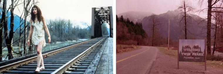 A dazed </span><span class="caption">Ronette Pulaski returns to Twin Peaks (L); A scene from the opening title sequence of the pilot.