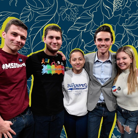 Parkland, Florida, Marjory Stoneman Douglas High School Students and activists (L-R) Cameron Kasky, Alex Wind, Emma Gonzalez, David Hogg, and Jaclyn Corin