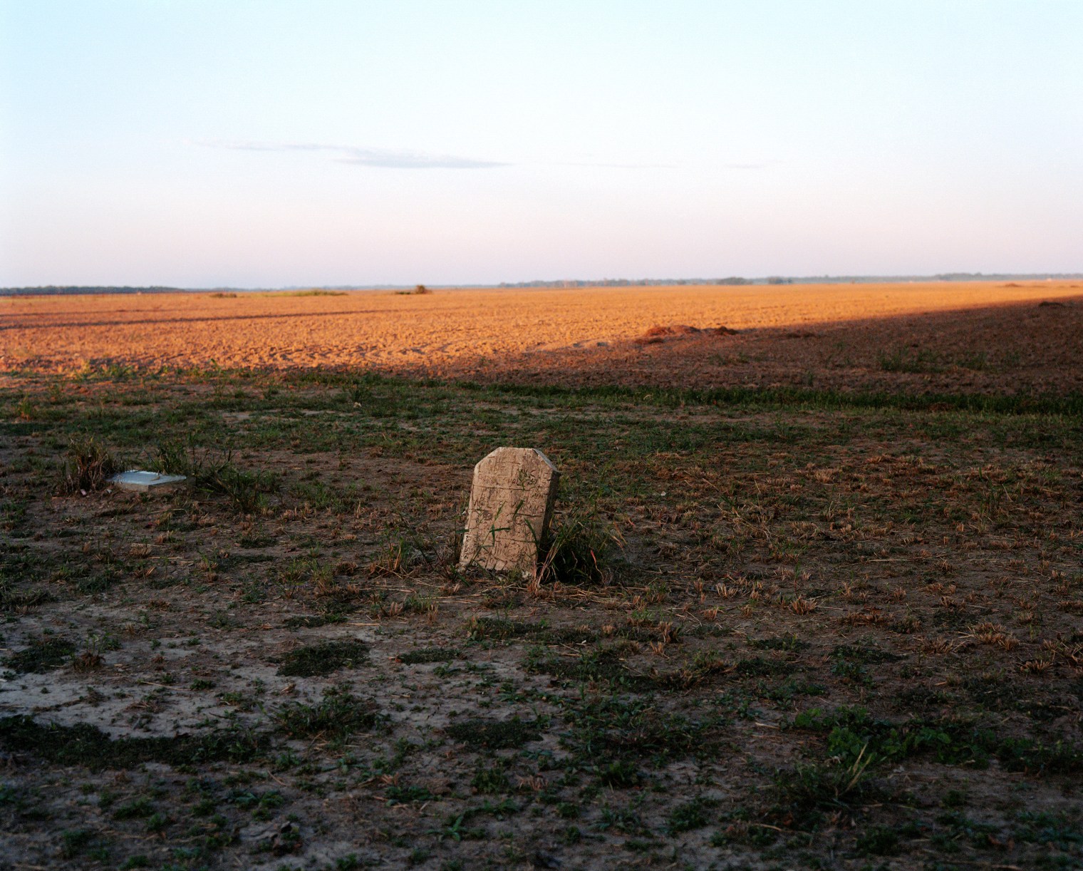 A tombstone is shaded at the site of possible mass graves in Elaine, Ark.