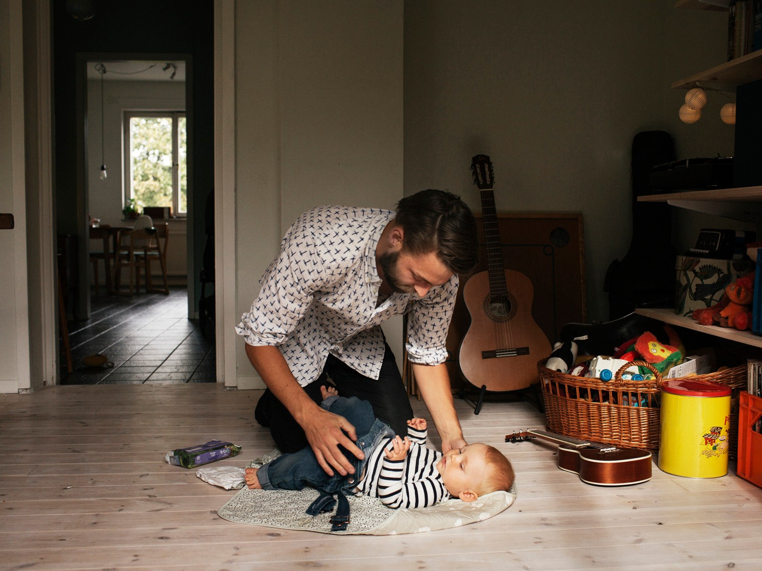 Martin Gunseus, 30, with 9-month-old son Pim, on Sept. 18 in Stockholm, two weeks into his scheduled eight-month paternity leave