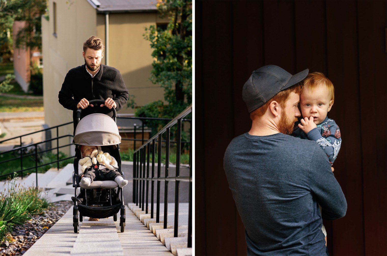 Martin GunsÃ©us, 30, with his son Pim, 9 months old in Stockholm, on Aug. 18; Tobias Rosengren and his son Hugo outside of Ã–ppen FÃ¶rskola in Ã…rsta, Stockholm, a meeting place for parents on parental leave.