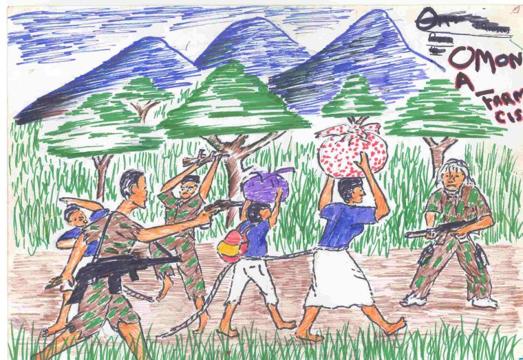 Drawing made by former child soldier in Uganda. In Uganda, the IRC worked with children during the height of the Lord's Resistance Army's reign of terror, in 2002.