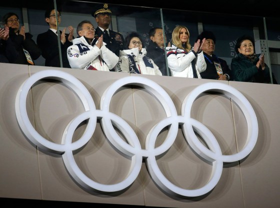 Moon and Ivanka Trump, third from right, welcome a North Korean delegation to the Winter Olympics in February