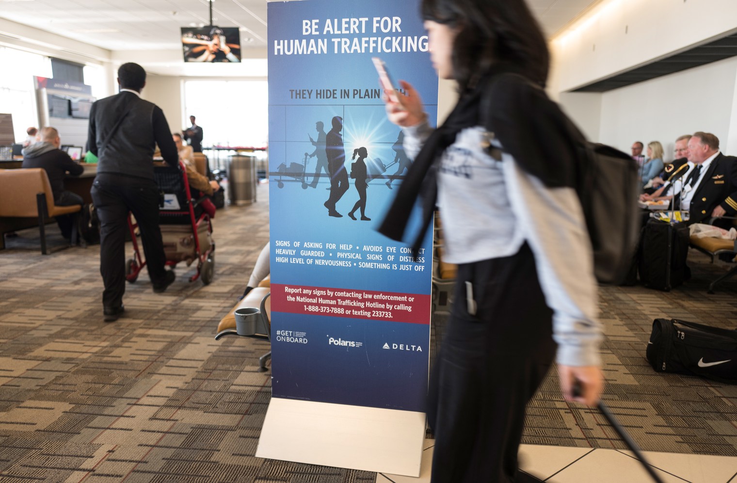 A human trafficking awareness sign in the airport in Minneapolis, MN, April 26, 2018. 