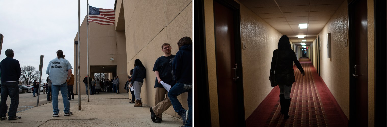 Left: People wait outside for the doors to open for at a job fair in Williston, North Dakota, April 23, 2018.; Right: Lazenko tours scenes at the heart of the trafficking industry during the oil boom in Williston, North Dakota, April 24, 2018. 