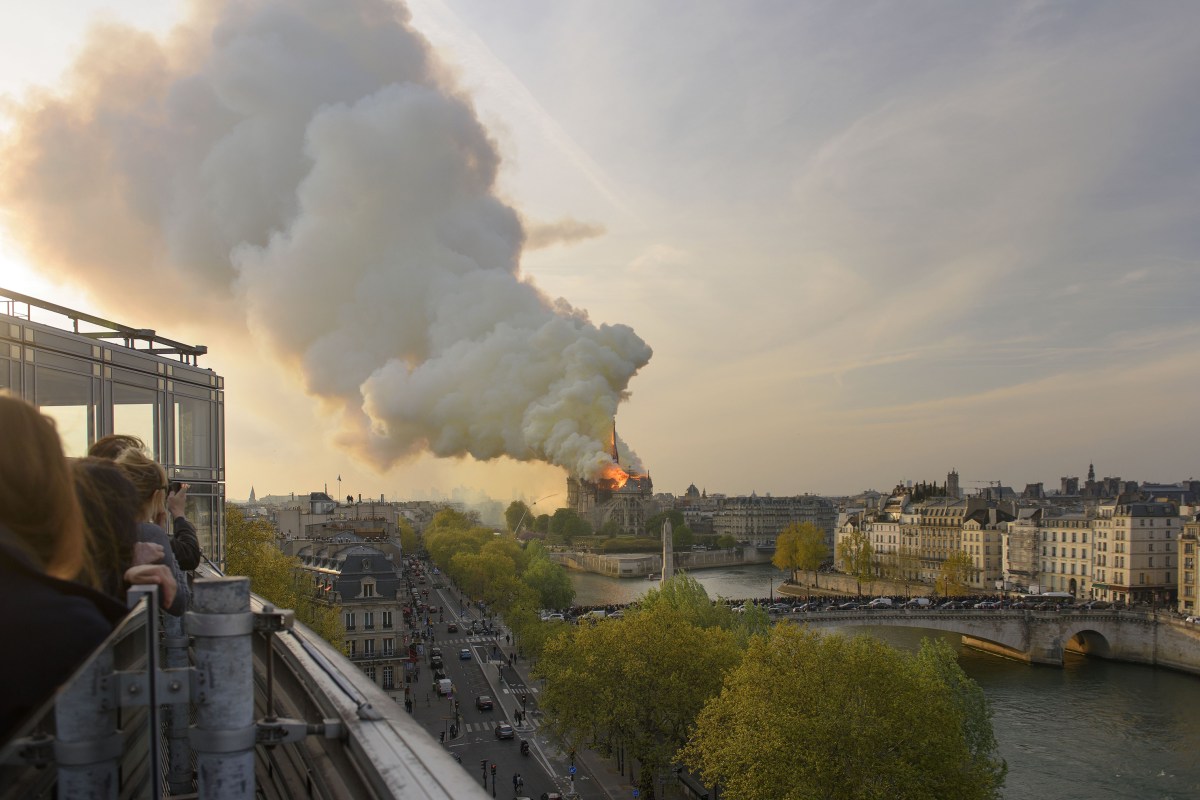 Fire enveloped Notre Dame Cathedra in Paris.