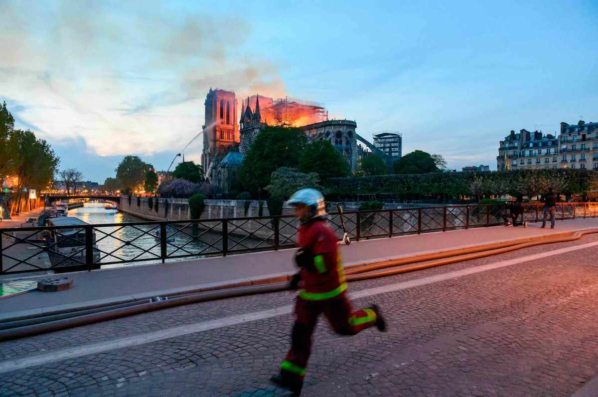 The Cathedral of Notre-Dame Cathedral on fire, Paris, April 15, 2019.