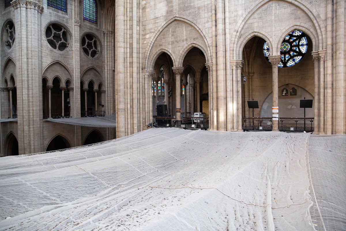 Netting was set in place to catch pieces of falling debris.